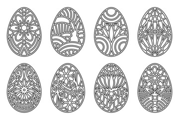 Easter eggs decorative design elements. Black thin line art outline ornate eggs isolated on white background. Easter egg design decorated with floral elements. 