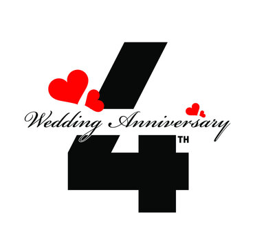 4th Wedding Anniversary greeting with red hearts illustration. Happy Wedding Anniversary post.