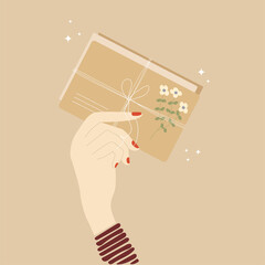 The hand holds the letters. A woman's hand holds bandaged envelopes with letters. An envelope of postal correspondence in his hands. Vector illustration