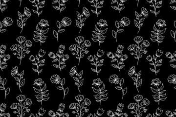 Black and white floral seamless pattern. White flowers on black background. Outline, line art hand drown flowers repeating pattern. Vector fabric seamless pattern