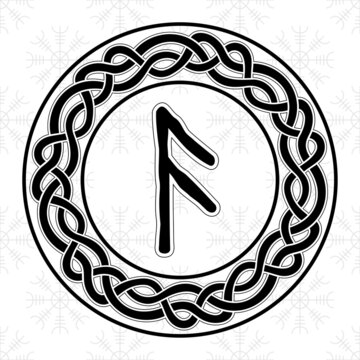 Rune Ansuz in a circle - an ancient Scandinavian symbol or sign, amulet. Viking writing. Hand drawn outline vector illustration for websites, games, engraving and print.
