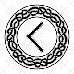 Rune Kenaz Kanu in a circle - an ancient Scandinavian symbol or sign, amulet. Viking writing. Hand drawn outline vector illustration for websites, games, engraving and print. - obrazy, fototapety, plakaty