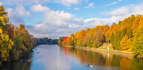 Autumn in Turin with Po' river, Piedmont region, Italy. landscape with blue sky.