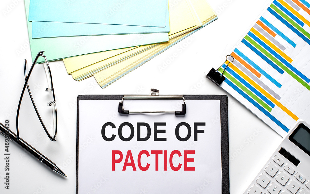 Poster code of practice text on paper sheet with chart,color paper and calculator