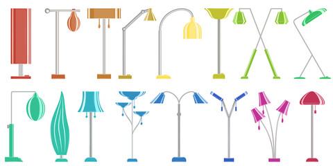 Floor lamp for home, office. Torchere with a high stand. Lampshade design. Fashionable interior. A set of vector icons, multicolored, cartoon, complex flat, isolated