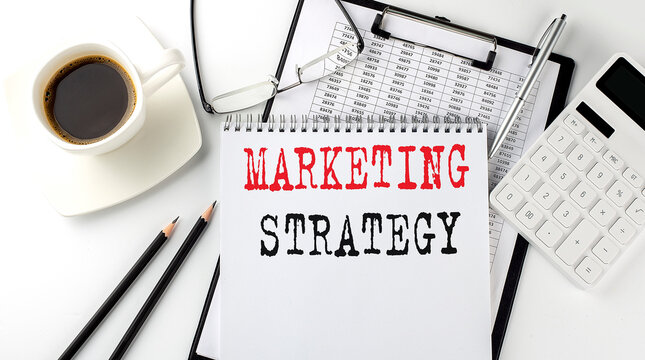 MARKETING STRATEGY text on the paper with calculator, notepad, coffee ,pen with graph