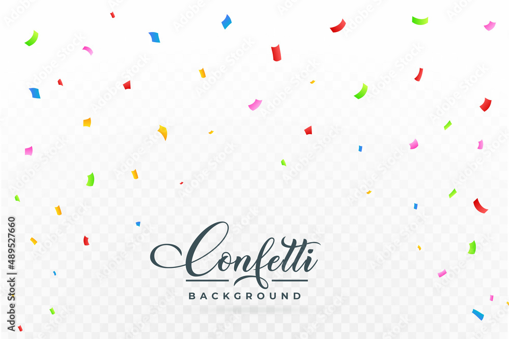 Wall mural Realistic confetti and tinsel falling background. Simple multicolor confetti vector illustration. Colorful confetti isolated on transparent background. Carnival elements. Birthday party celebration.