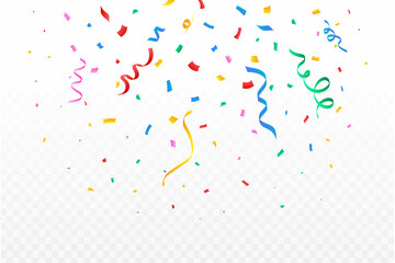 Fototapeta premium Confetti illustration for the festival background. Colorful party ribbon and confetti falling. Golden confetti isolated on transparent background. Carnival elements. Birthday celebration.
