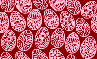 Easter eggs seamless pattern. Easter eggs ornate, decorated with floral elements. Pink eggs seamless pattern abstract decorative background. 3D rendering elements.