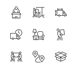 Simple Set of Moving Service Related Vector Line Icons. contains Icons moving office, loading things, departure, evacuation, Editable Stroke, Perfect isolated lines