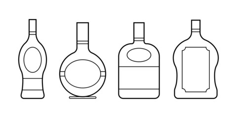 Set of alcoholic linear bottles illustration. Alcohol cocktails drinks icons. Bar menu flat vector logos.