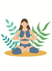 A young woman sitting in a lotus position with plants on a background. Faceless illustration