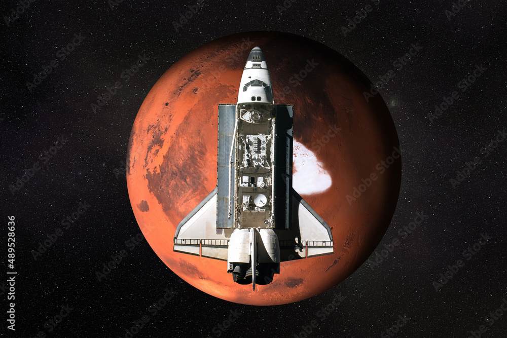 Sticker flying space shuttle close to the mars planet of solar system. north pole of the mars planet in the 