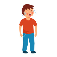 Upset little child crying character in flat design on white background.