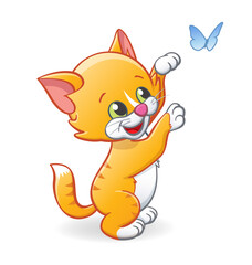 cute cartoon ginger kitten cat playing with butterfly