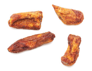 Dried bananas on a white background.