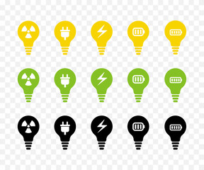 Light bulb vector icon set. Alternative energy concept.  Yellow, green and black.