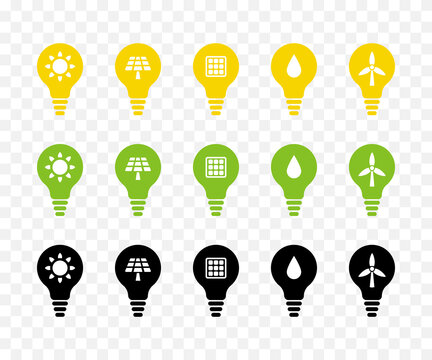 Light bulb vector icon set. Renewable, sustainable energy concept.  Yellow, green and black.