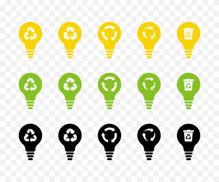 Light bulb vector icon set. Recycling concept.  Yellow, green and black.