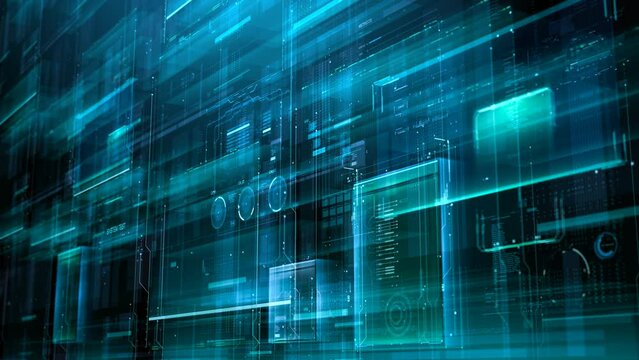 Blue digital futuristic wall. Abstract holographic technology motion background. Depth of field. 3D rendering