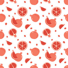 Garnet Seamless Pattern. Half, Slice and Whole Pomegranate Background. Hand Drawn fruit ornament for wallpaper, wrapping paper, fabric, menu, Juice package and interior design