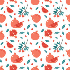 Pomegranate Seamless Pattern. Half, Slice and Whole Juicy Garnet, Leaves, seeds and branch. Hand Drawn fruit ornament for background, fabric, wrapping paper, menu, food package and interior design