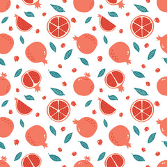 Seamless Pattern with Half, Slice and Whole Garnet, Leaves and Seeds. Pomegranate Hand Drawn Background. Fruit ornament for wallpaper, fabric, menu, wrapping paper, food package and interior design
