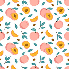 Vector Seamless Pattern with Peaches. Half, Slice and Whole Juicy Fruits Background. Hand Drawn sweet nectarine ornament for  wrapping paper, fabric, texture, menu, food package and interior design