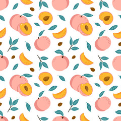 Vector Seamless Pattern with Peaches. Half, Slice and Whole Juicy Fruits Background. Hand Drawn sweet nectarine ornament for  wrapping paper, fabric, texture, menu, food package and interior design