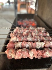 Raw meat with spices on skewers and hot burning coals. Scorching charcoal and grill