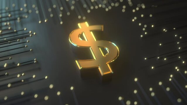 Golden dollar symbol on premium black technologic background. Conceptual loopable 3D animation
