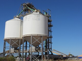 Wheat silos and grain storage bins in the wheat belt of Western Australia.