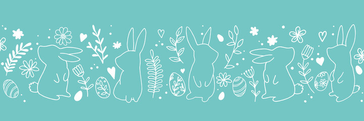 drawing. seamless border, banner for easter. cute doodle drawings of easter bunnies, eggs, spring flowers. white graphics on a blue, turquoise background