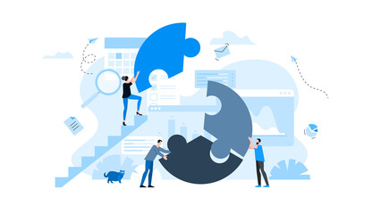 Animation ready duik friendly vector Illustration. Conceptual business story. Puzzle connection, teamwork abstract metaphor, partnership, collaboration, solving problem, effective business solution.