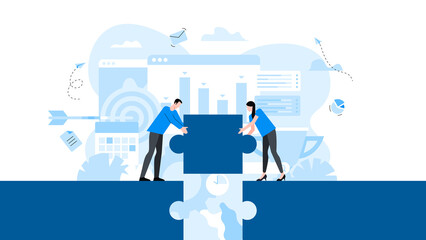 Man and woman jointly insert the missing puzzle to open the way. Animation ready duik friendly vector. Conceptual business story. Puzzle connection, partnership, collaboration, solving problem.