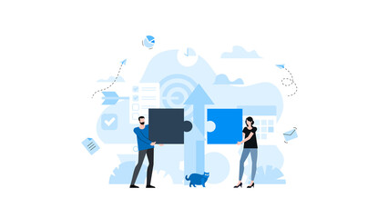 Man and woman go towards each other to connect puzzles. Animation ready duik friendly vector Illustration. Conceptual business story. Puzzle connection, teamwork abstract metaphor, partnership.
