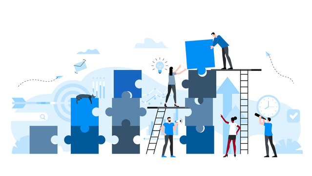 Office Workers Are Building A Tower Of Puzzles Together. Animation Ready Duik Friendly Vector Illustration. Conceptual Business Story. Puzzle Connection, Teamwork Abstract Metaphor.