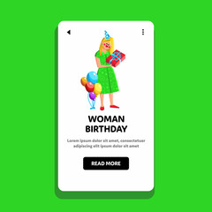 Woman Birthday Anniversary Celebrating Vector. Happy Woman Birthday Celebrate, Standing Near Helium Balloons Decoration And Holding Present Box. Character Celebration Web Flat Cartoon Illustration