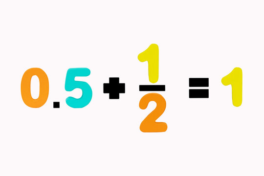 Zero point five notch one fraction equals one isolated on white background. Image of simple math addition operation for kids, Colorful wooden alphabets set sort. 3D illustration or 3D rendering.