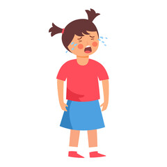Upset little girl crying character in flat design on white background.