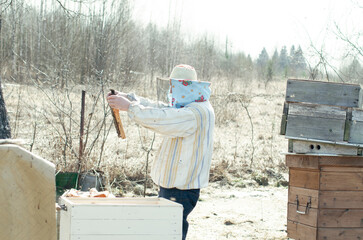 Work at the apiary. Breeding bees. Honey extraction.
