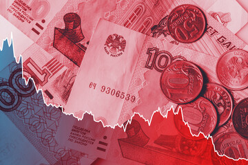 Chart of falling Russian ruble price affected by economic sanctions - obrazy, fototapety, plakaty