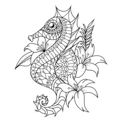 Seahorse mandala zentangle illustration in lineal style coloring book
