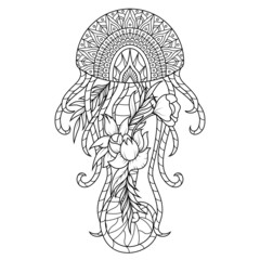 Jellyfish mandala zentangle illustration in lineal style coloring book