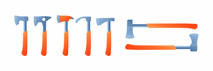 Vector illustration collection different kinds of axes isolated on white background. Different types of axes vector icons set. Hand tool for working with wood. Equipment for carpentry work.
