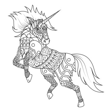 Unicorn mandala zentangle illustration in lineal style coloring book
