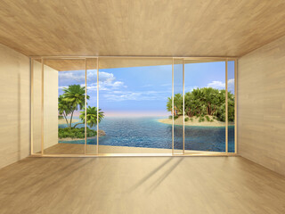 Modern glazed wooden terrace overlooking the islands. 3D rendering