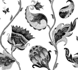 Paisley watercolor floral pattern tile:  flowers, flores, tulips, leaves. Oriental indian traditional hand painted water color whimsical seamless print, ceramic design. Abstract india batik background