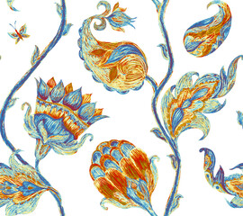 Paisley watercolor floral pattern tile:  flowers, flores, tulips, leaves. Oriental indian traditional hand painted water color whimsical seamless print, ceramic design. Abstract india batik background