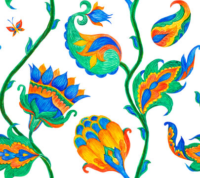 Paisley watercolor floral pattern tile:  flowers, flores, tulips, leaves. Oriental indian traditional hand painted water color whimsical seamless print, ceramic design. Abstract india batik background